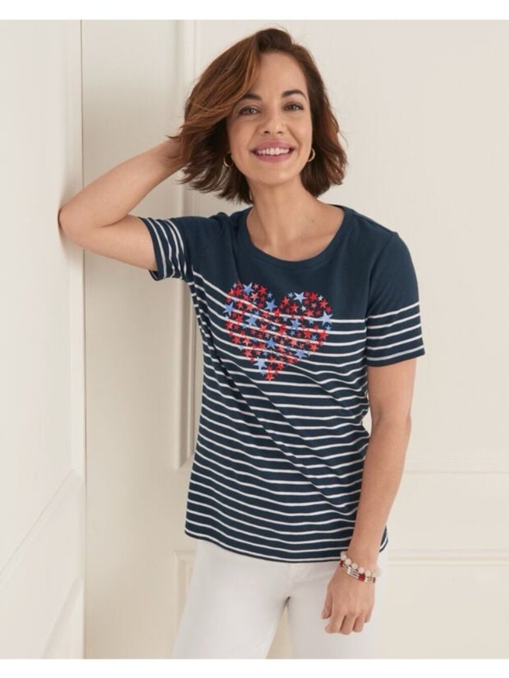 Talbots Crewneck Tee Stars Stripe Medium Navy Blue